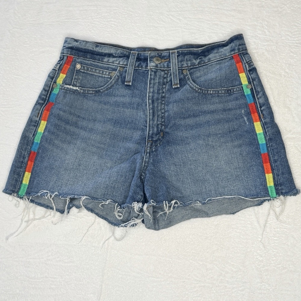 Point Sur Denim Rainbow Stripe Jean Shorts Pride Festival Y2K Cutoff 27 Fray Hem